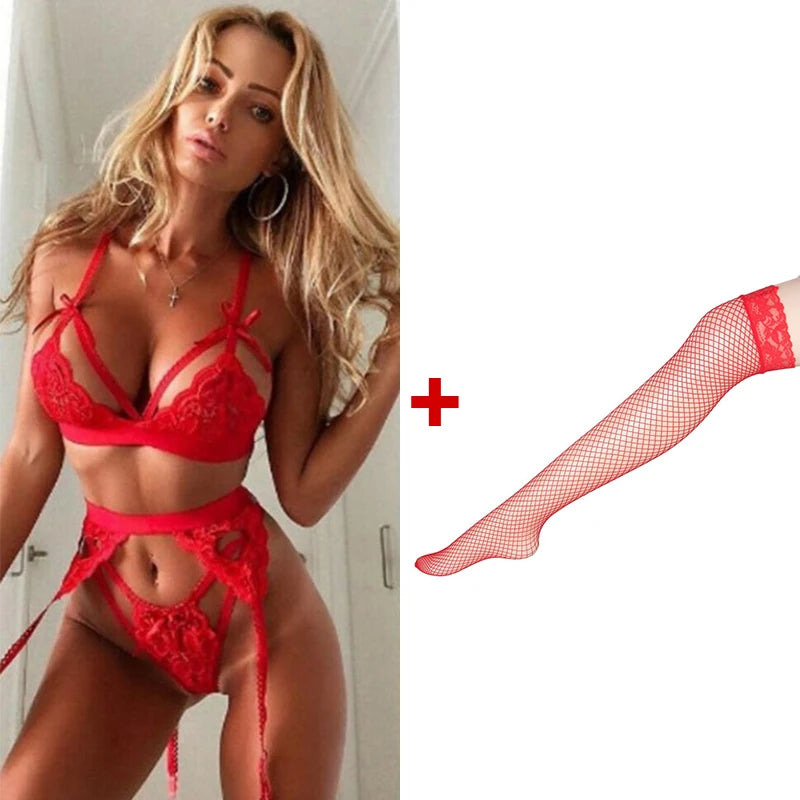 4Piece Women Sets See Through Underwear Set Bra And Panty Set Add Stockings Garter Strapless Bra Set Plus Size Sexy Lingerie MultiShop24