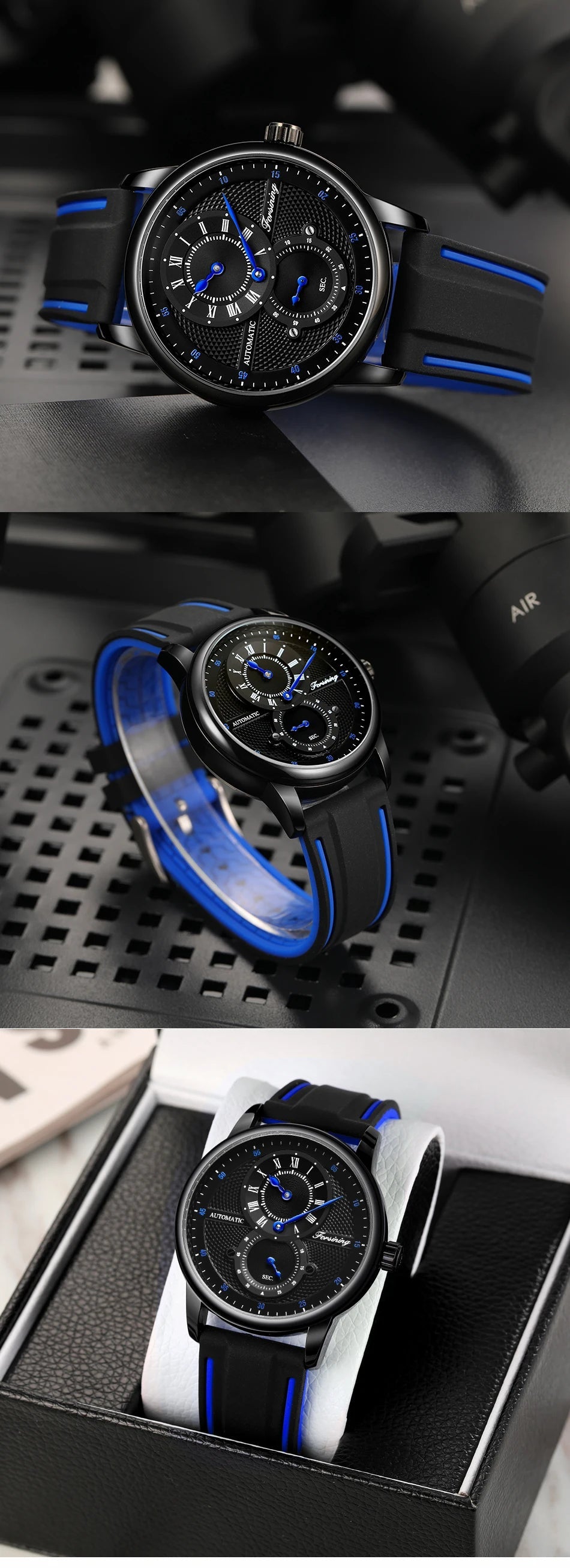 Wristwatch Blue White Dial Automatic Transparent Mechanical Watch Multi Shop24