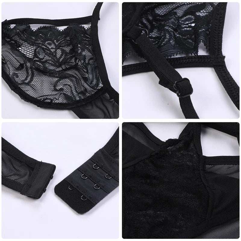 Sexy Hollow Out Bra Underwear Women Lace Tied Up Nightwear Push Up Bra Hollow Thong Sexy Linerie Set Three Point Bralette Bikini MultiShop24