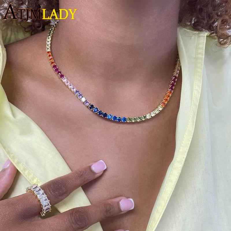 Round Heart Shaped CZ Tennis Chain Rainbow Colorful Necklace Top Quality Gold Color Hip Hop Fashion Women Choker Jewelry MultiShop24