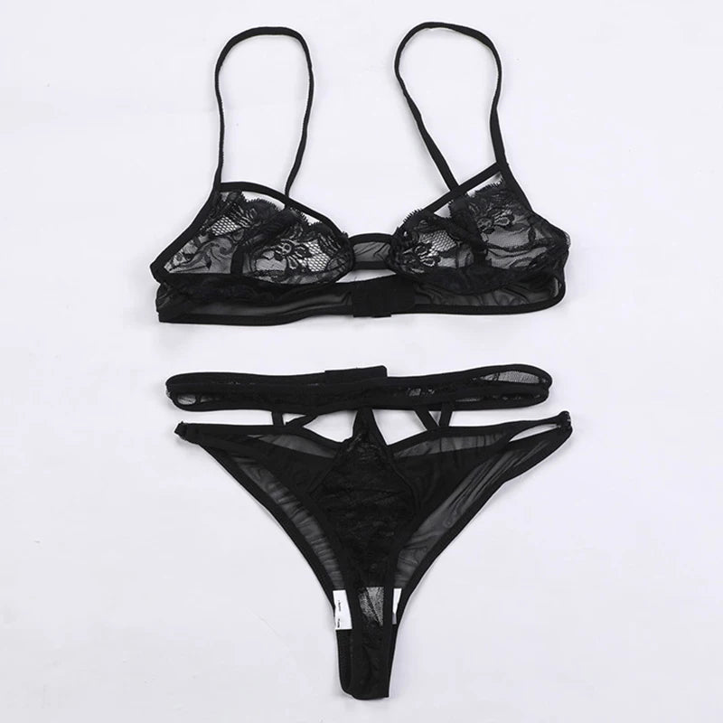 Sexy Hollow Out Bra Underwear Women Lace Tied Up Nightwear Push Up Bra Hollow Thong Sexy Linerie Set Three Point Bralette Bikini MultiShop24