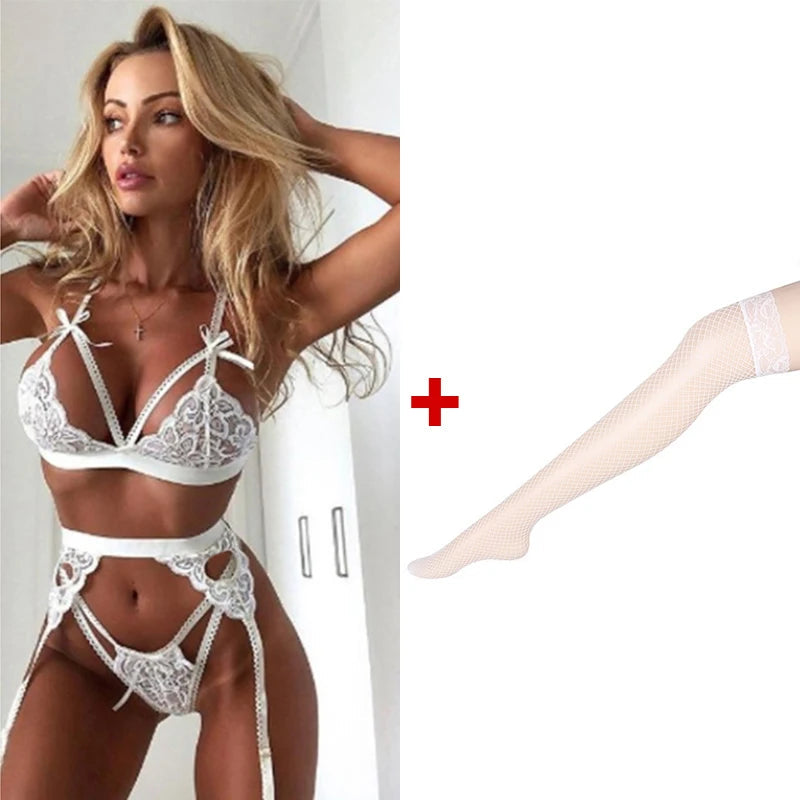4Piece Women Sets See Through Underwear Set Bra And Panty Set Add Stockings Garter Strapless Bra Set Plus Size Sexy Lingerie MultiShop24