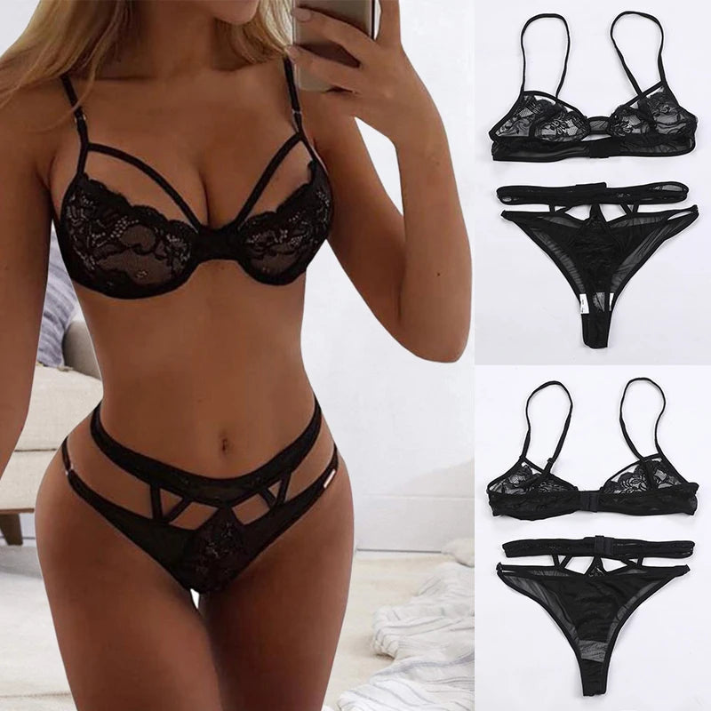 Sexy Hollow Out Bra Underwear Women Lace Tied Up Nightwear Push Up Bra Hollow Thong Sexy Linerie Set Three Point Bralette Bikini MultiShop24