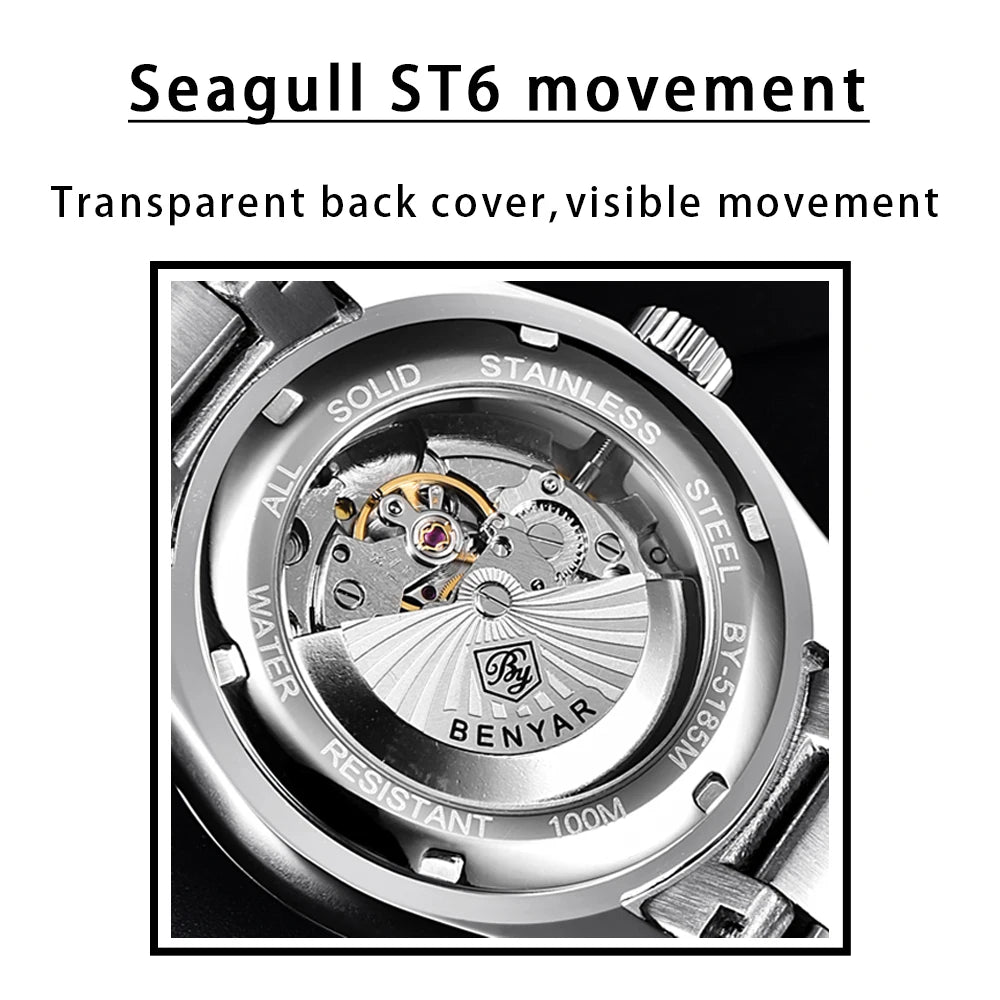 BENYAR New Luxury Automatic Watch 10Bar Waterproof Stainless Steel Men Multi Shop24