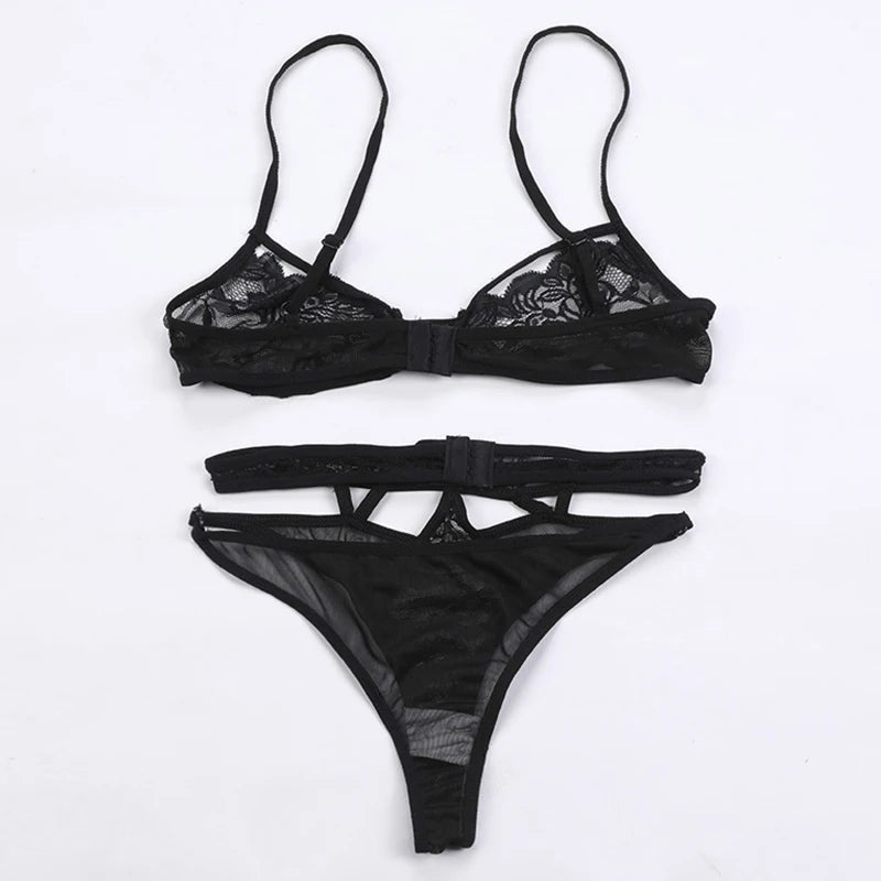 Sexy Hollow Out Bra Underwear Women Lace Tied Up Nightwear Push Up Bra Hollow Thong Sexy Linerie Set Three Point Bralette Bikini MultiShop24
