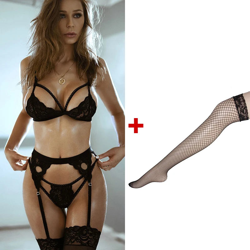 4Piece Women Sets See Through Underwear Set Bra And Panty Set Add Stockings Garter Strapless Bra Set Plus Size Sexy Lingerie MultiShop24