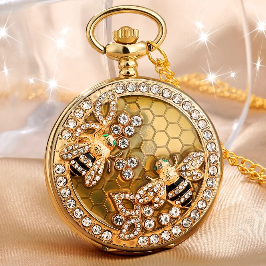 Crystal Diamond Bee Flowers Quartz Pocket Watch Multi Shop24