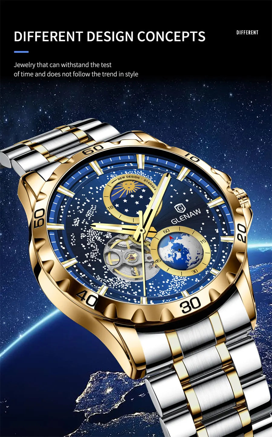 GLENAW Rotating Earth Double Second Hand WristWatch Men Automatic Multi Shop24