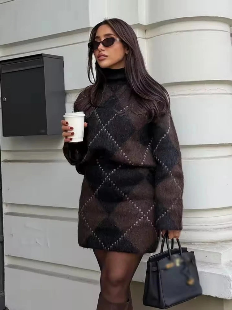 Brown Vintage Argyle Plaid Knitted Dress Sets Women Causal Turtleneck Loose Sweater +Knit Mini Skirts Set Winter Women Knitwear - Multi Shop24