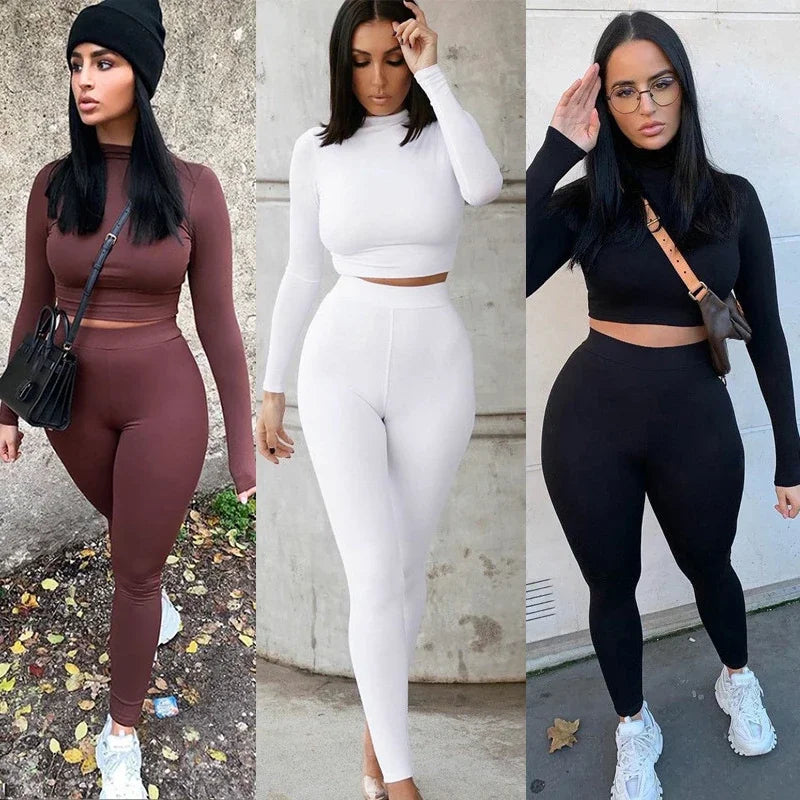Two Piece Sets Women Solid Autumn Tracksuits High Waist Stretchy Sportswear Hot Crop Tops And Leggings Matching Outfits MultiShop24
