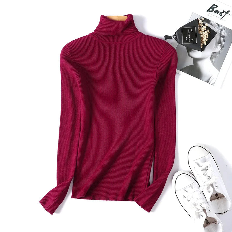 2026 Autumn Winter Women Long Sleeve Knitted Foldover Turtleneck Ribbed Pull Sweater Soft Warm Femme Jumper Pullover Clothes MultiShop24