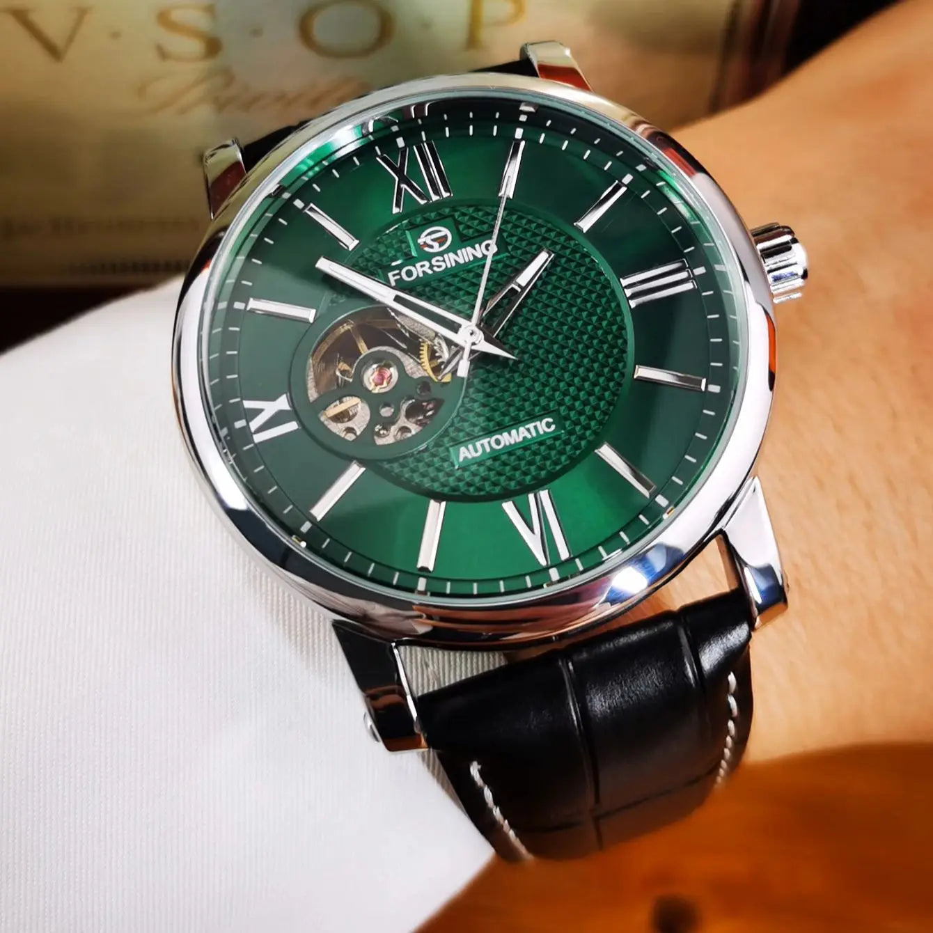 Forsining Fashion Skeleton Mechanical Watch for Men Green Multi Shop24