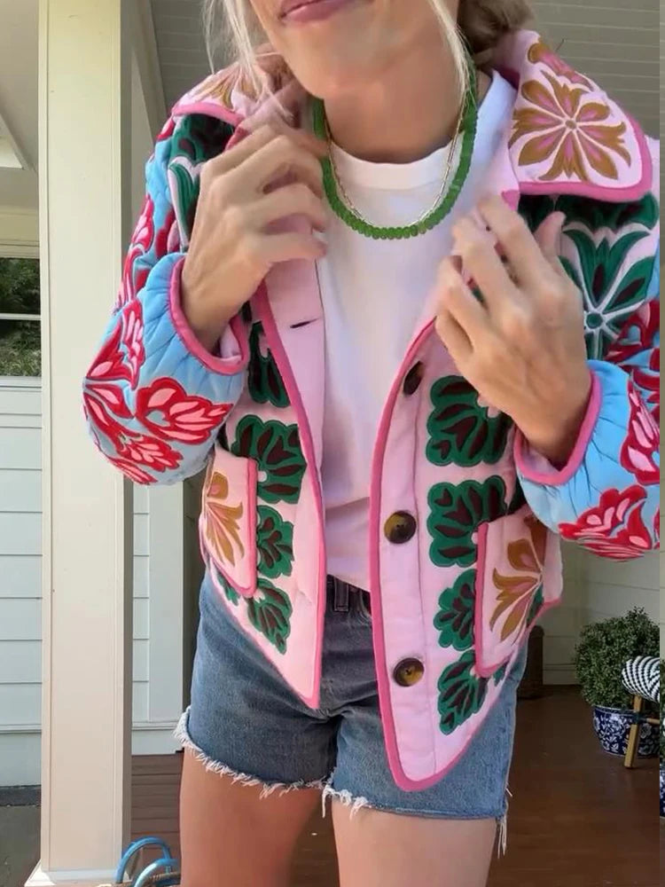 2025 Winter Women's Flower Print Parkas Lapel Single-breasted Long Sleeve Pocket Quilted Coat Female Vintege Lady New in Outwear MultiShop24