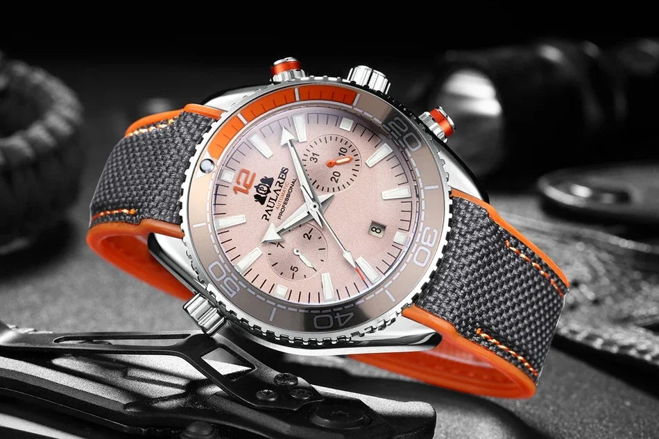 Automatic Watch for Men Mechanical Canvas Rubber Strap Orange Blue Red Multi Shop24