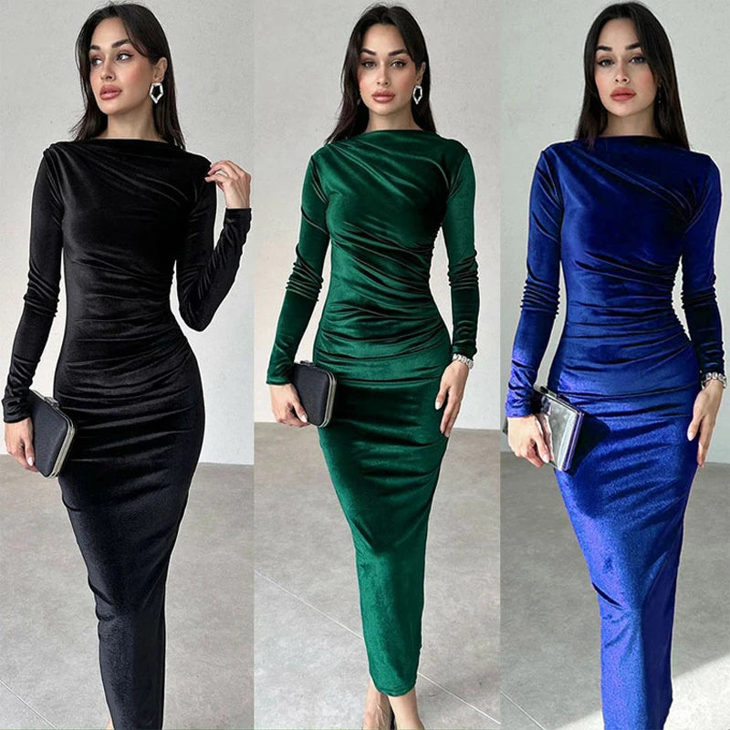 2026 Spring Summer Velvet Long Sleeve Midi Dress For Women Ruched Long Dress - Multi Shop24