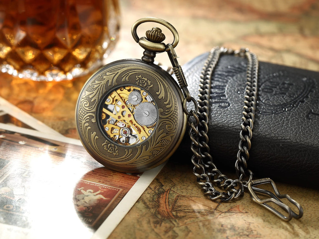 Luxury Retro Golden Hollow Skeleton Mechanical Pocket Watch Mens Multi Shop24