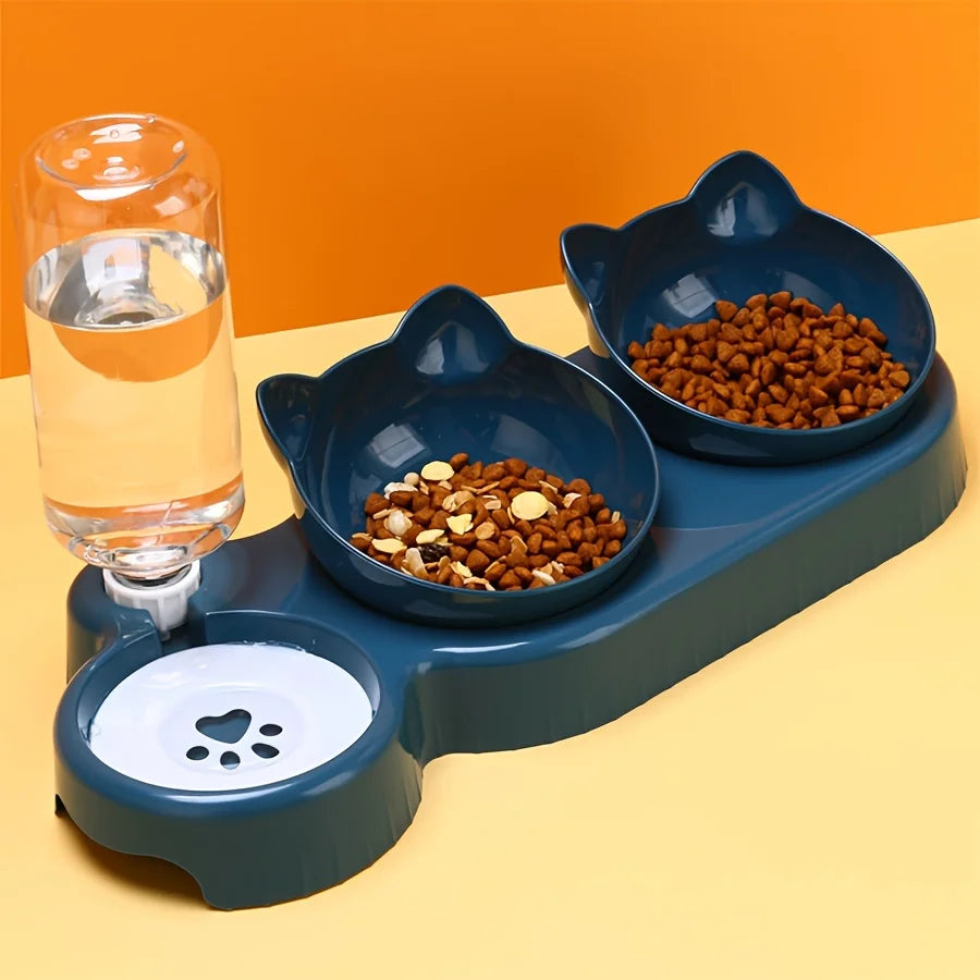 Pet Bowls With Water Feeder, 3 In 1 Ear Design Tilted Cat Water And Food Bowl Set Multi Shop24
