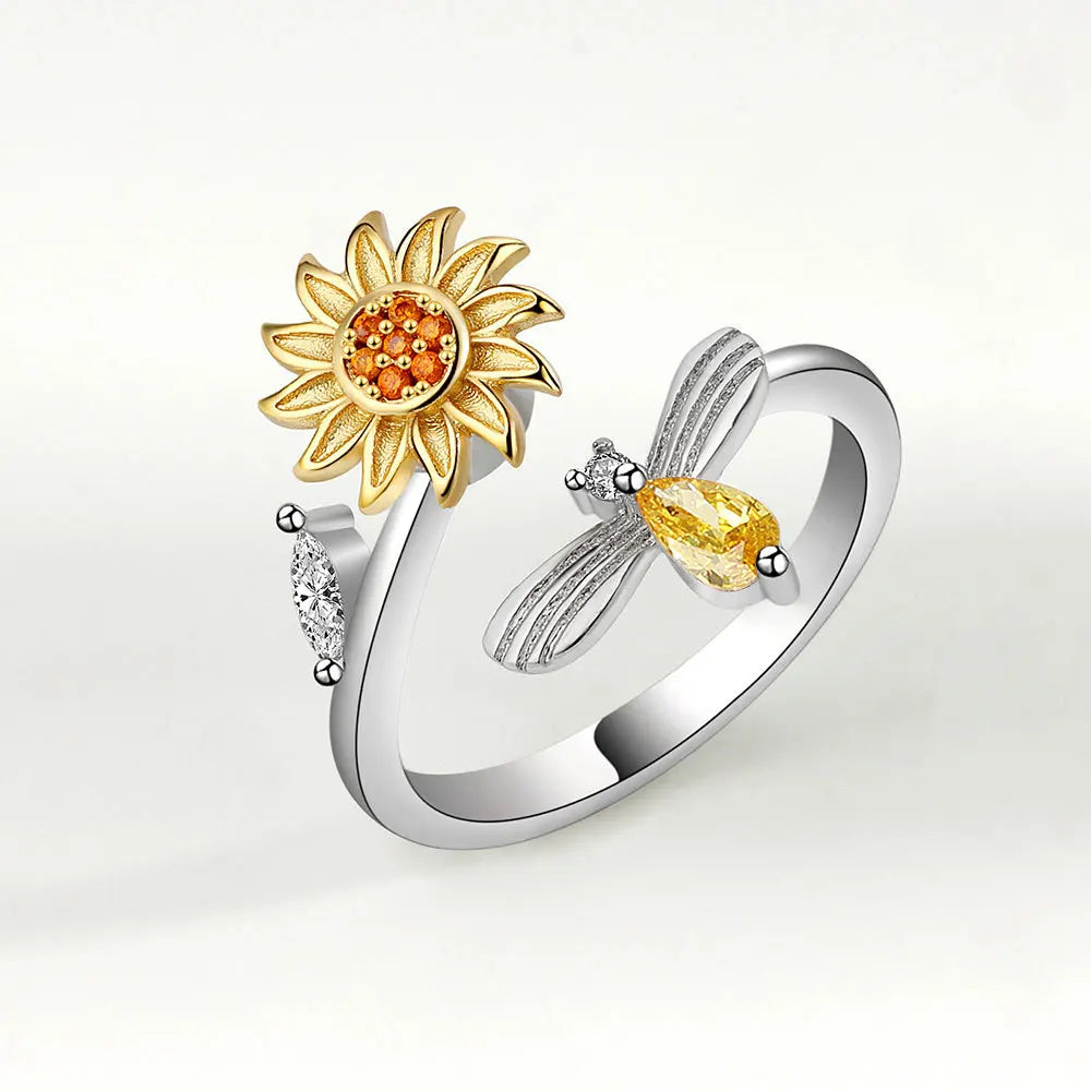 VENTFILLE 925 Sterling Silver Sunflower Diamond Zircon Rotatable Ring For Women