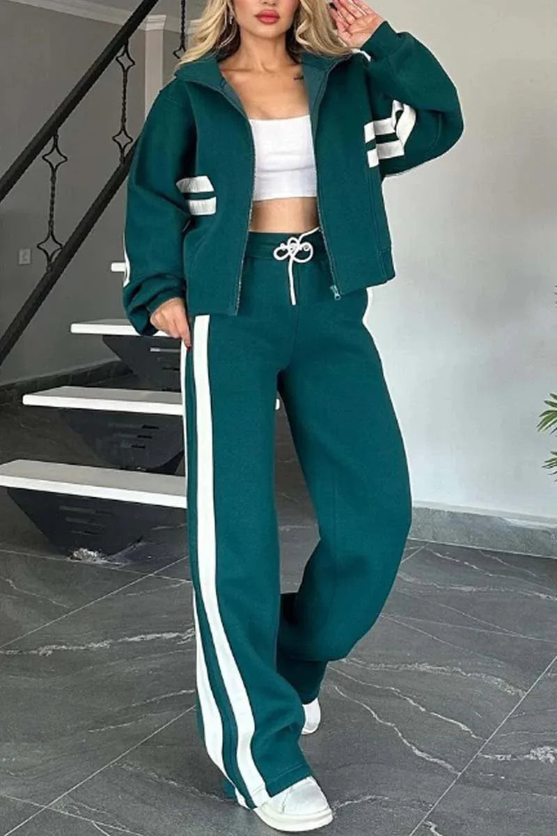 2025 Autumn Winter New Two-piece Set Women's Zipper Striped Loose Jacket Outwear And High Waist Side-striped Pants Sports Sets MultiShop24