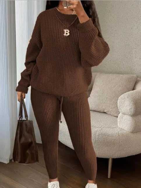 Knitted Sweater Two Piece Set For Women Autumn Winter Long Sleeve O Neck Sweater + Skinny Pants Sets Casual Knit Outfit Homewear MultiShop24