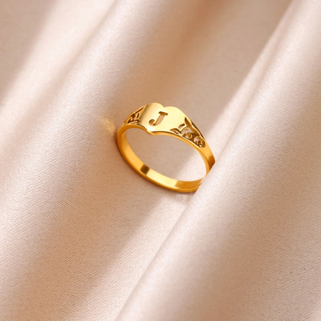 Fashion Hollow Initial Letter Heart Rings For Women Gold Color Stainless Steel A-Z