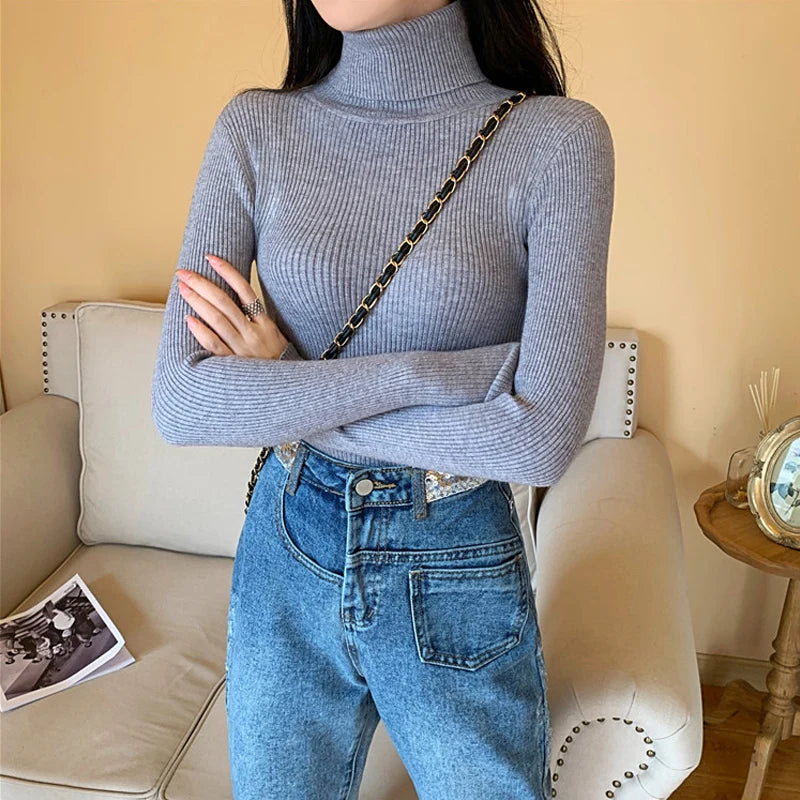 2026 Autumn Winter Women Long Sleeve Knitted Foldover Turtleneck Ribbed Pull Sweater Soft Warm Femme Jumper Pullover Clothes MultiShop24