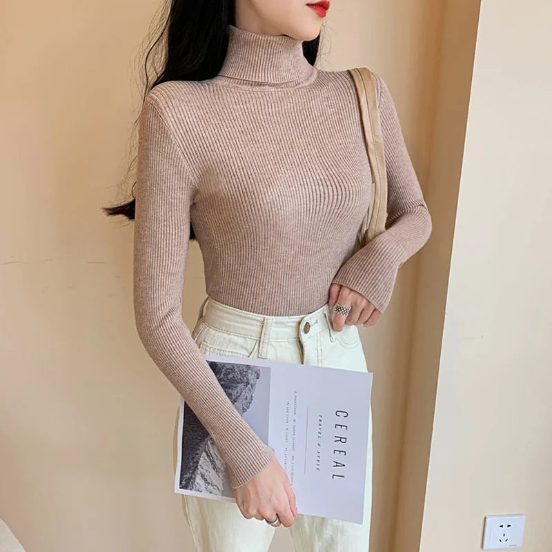 2026 Autumn Winter Women Long Sleeve Knitted Foldover Turtleneck Ribbed Pull Sweater Soft Warm Femme Jumper Pullover Clothes MultiShop24
