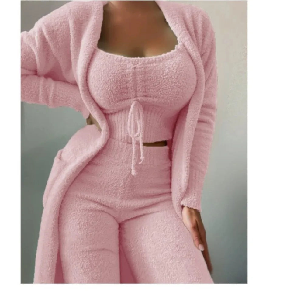 Fashion Plush Lace Up Cardigan 3 Piece Women's Trouser Set Autumn And Winter New Solid Color Asual Warm Home Wear Female Set2025 MultiShop24