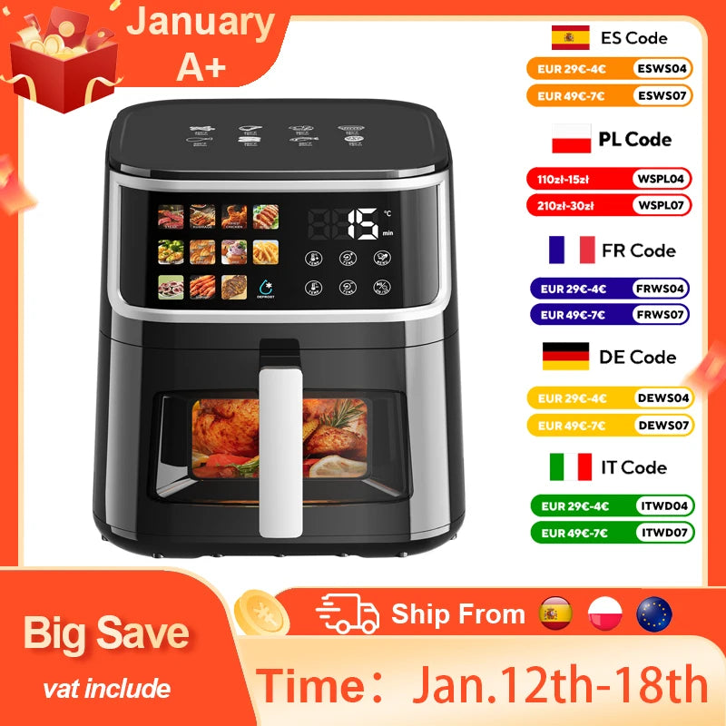 Patbrela Non-fat fryer 8L Large Hot Air Frye with Led Screen 11 Preset Functions Multi Shop24