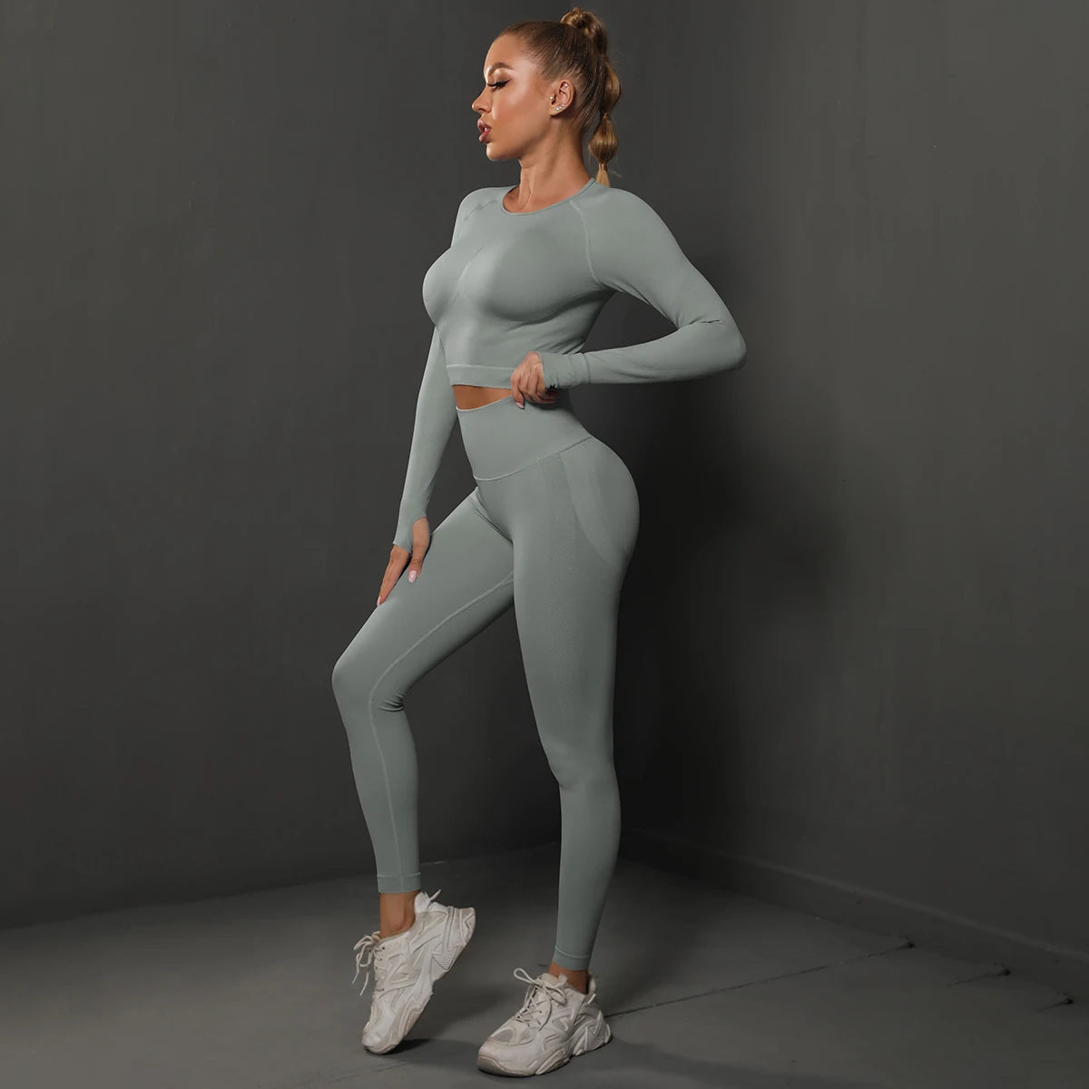 2Pcs Women Sets Energy Seamless Gym Suits Bubble Butt Sports Pants+Long Sleeve Shirts Push Up Running Sets Tracksuits Tights Set MultiShop24
