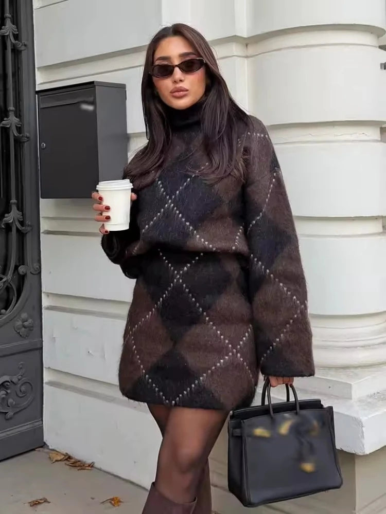 Brown Vintage Argyle Plaid Knitted Dress Sets Women Causal Turtleneck Loose Sweater +Knit Mini Skirts Set Winter Women Knitwear - Multi Shop24