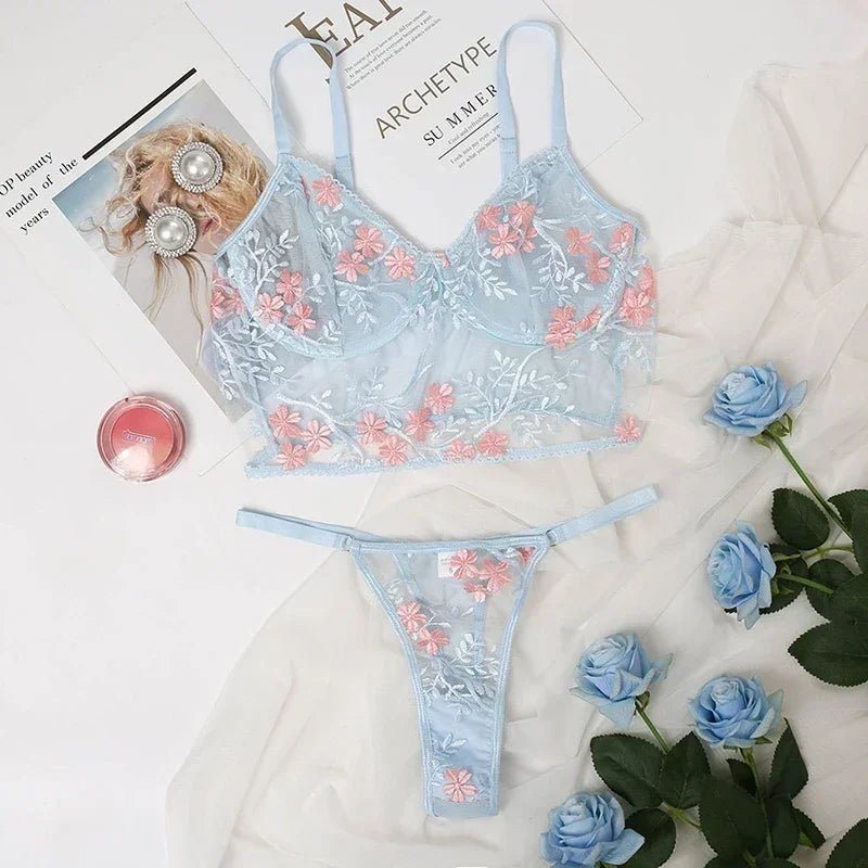 Lace Floral Embroidery See Through Bra and Panties Set for Women MultiShop24