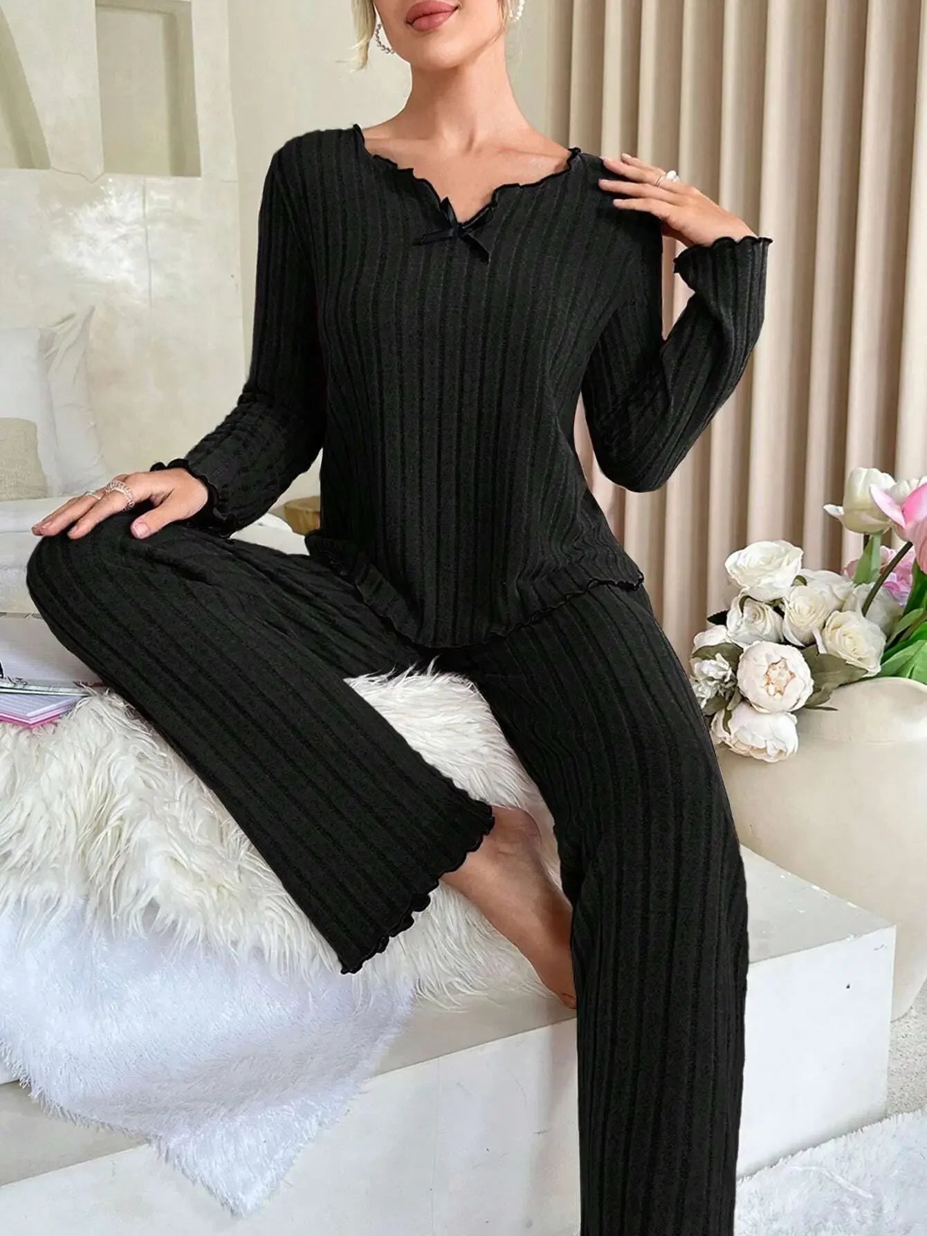 Women Autumn Winter Sleepwear Ribbed Pajamas Set Long Sleeve - Multi Shop24