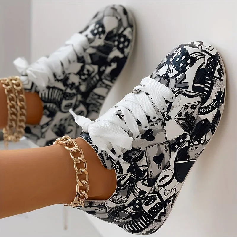 Women's Graffiti Print Sneakers Fashion Lace-up Low-top Platform Sneakers Casual Skateboard Shoes Sneakers New Vulcanized Shoes MultiShop24