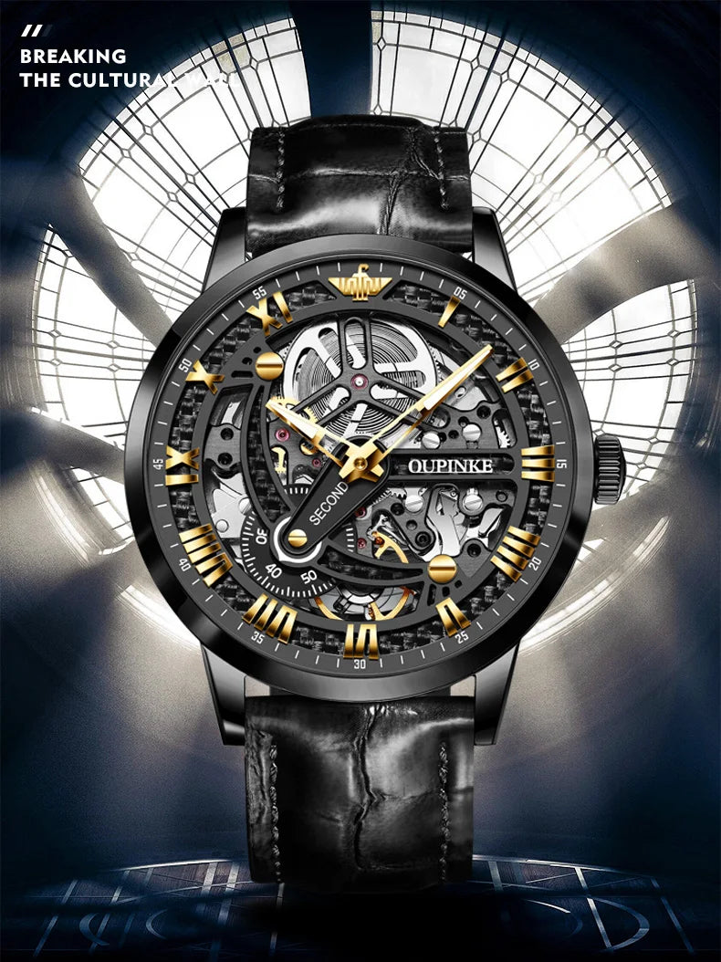 OUPINKE 3173 Original Leather Strap Automatic Hollow Mechanical Wristwatch for Men Multi Shop24
