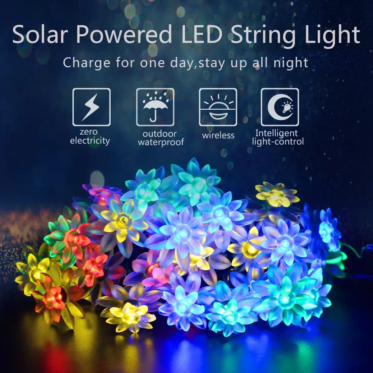 7 Colors Solar String Lights Outdoor  Lotus Flower Lamp 100/50/20LED String - Multi Shop24