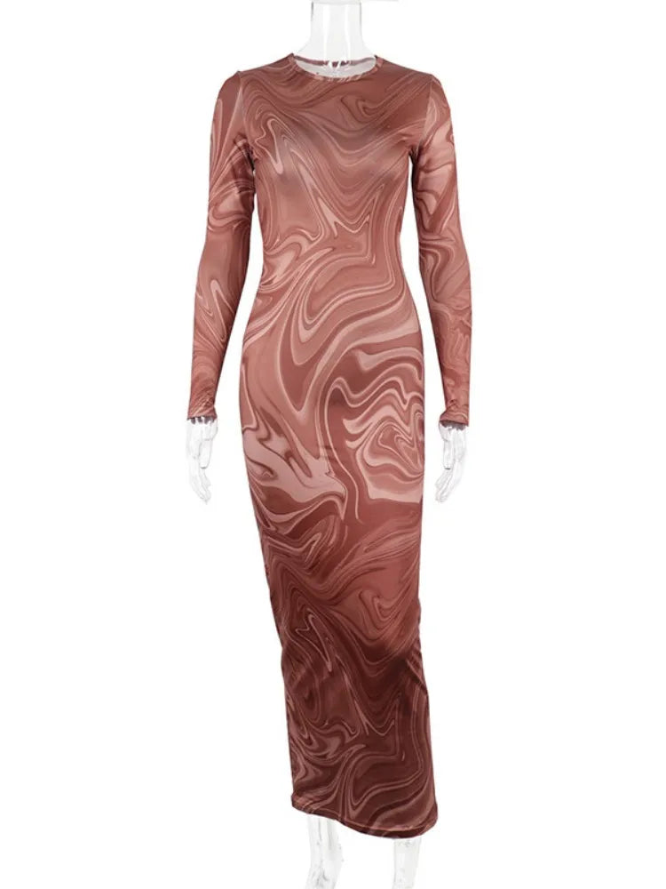 Long Sleeve Bodycon Dresses For Women Evening Party Clothes O-neck Mid Calf Sexy Vestidoes De Mujer One Piece Outfits Streetwear MultiShop24