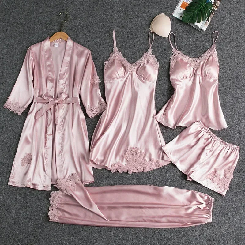 5-piece Set of Women's Sleepwear Sexy Silk Nightgown - Multi Shop24