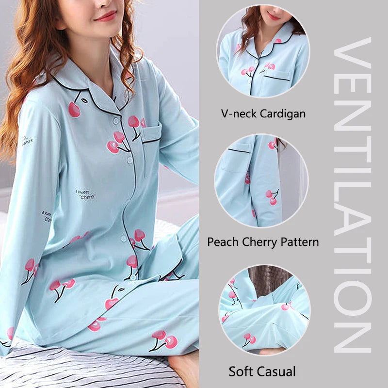 Pajamas Set V-Neck Button down Top and Trousers Sleepwear - Multi Shop24