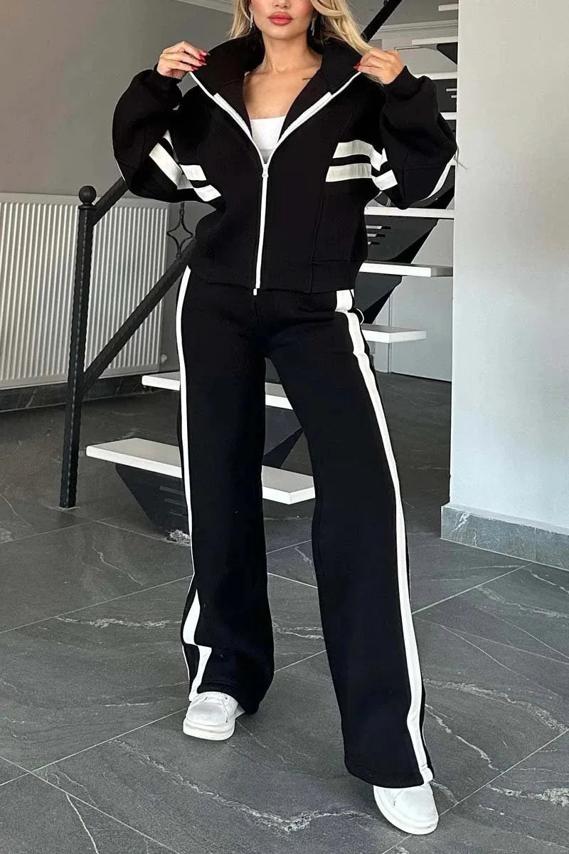 2025 Autumn Winter New Two-piece Set Women's Zipper Striped Loose Jacket Outwear And High Waist Side-striped Pants Sports Sets MultiShop24