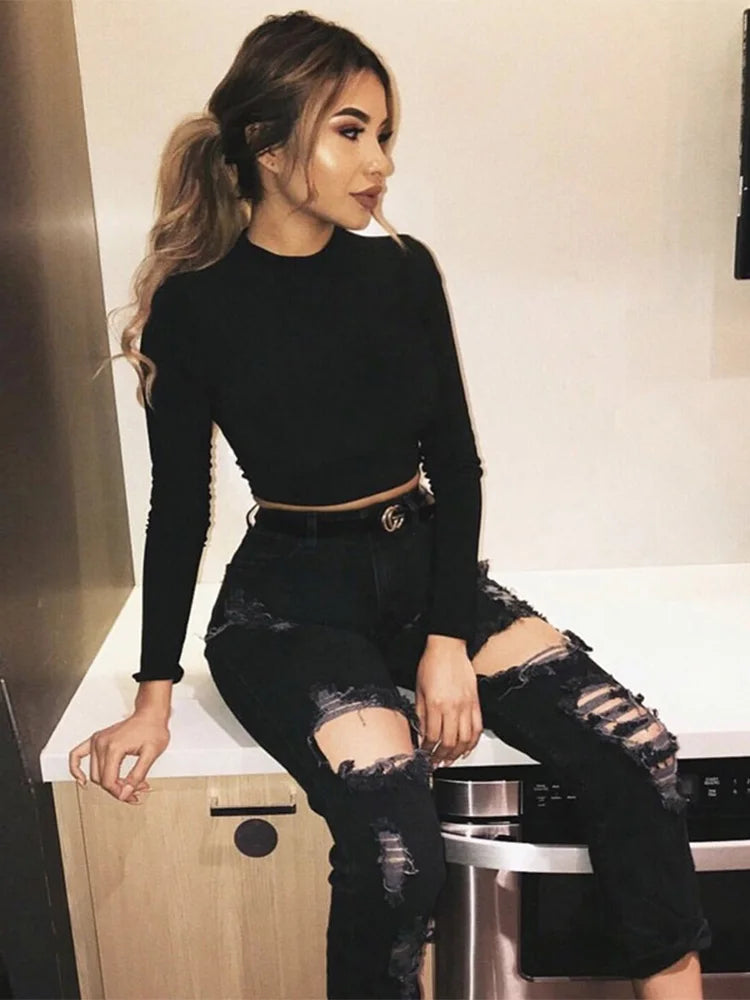 Long Sleeve Crop Top Women Shirts Harajuku Korean Black Burgundy Sexy Clothes Turtleneck Basic Short T Shirt Femme - Multi Shop24