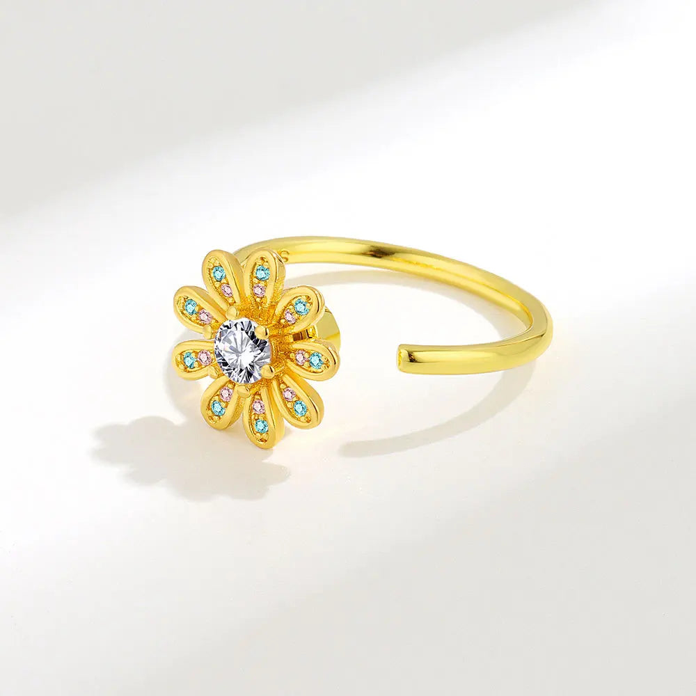 VENTFILLE 925 Sterling Silver Sunflower Diamond Zircon Rotatable Ring For Women