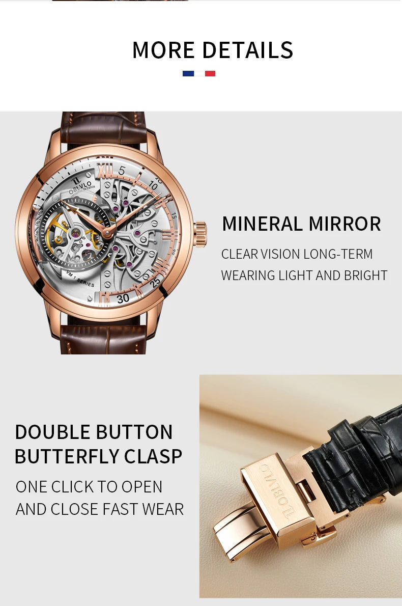 OBLVLO Luxury Retro 45mm Dial Skeleton Automatic Watches For Men Multi Shop24