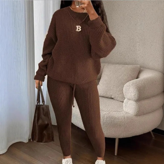 Knitted Sweater Two Piece Set For Women Autumn Winter Long Sleeve O Neck Sweater + Skinny Pants Sets Casual Knit Outfit Homewear MultiShop24