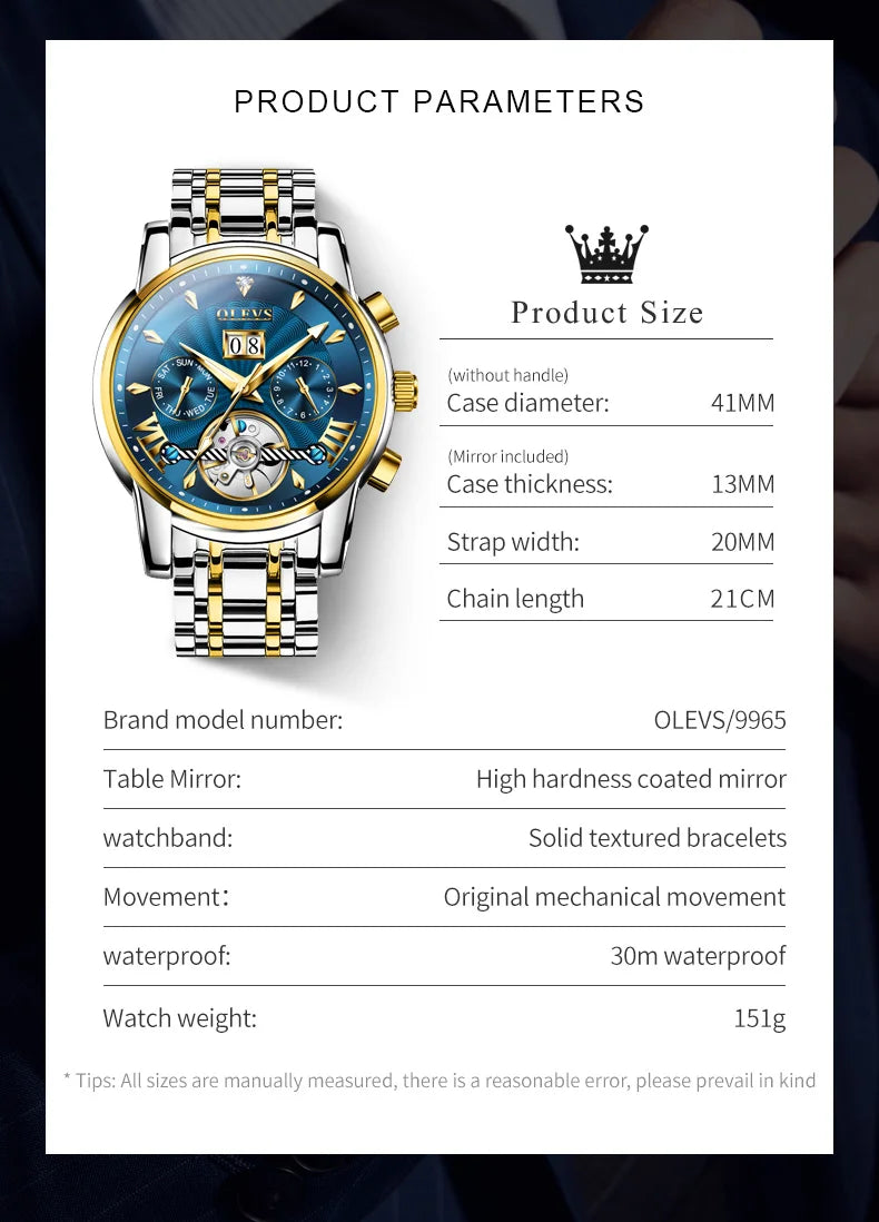 OLEVS Automatic Watch for Men Top Original Luxury Skeleton Multi Shop24