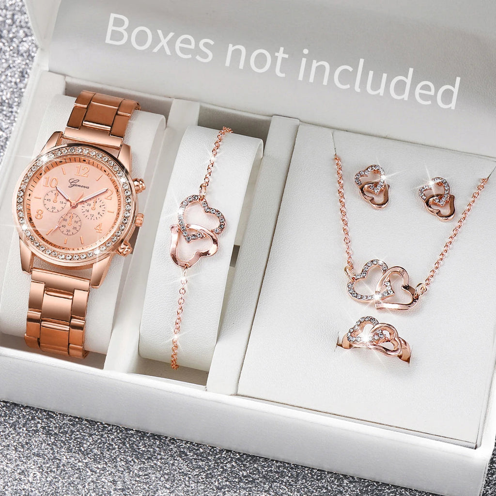 Women's Watch Fashion 6PCS/Set  Rhinestone Stainless Steel Band Quartz Watch Double Heart Jewelry Set(Without Box) MultiShop24