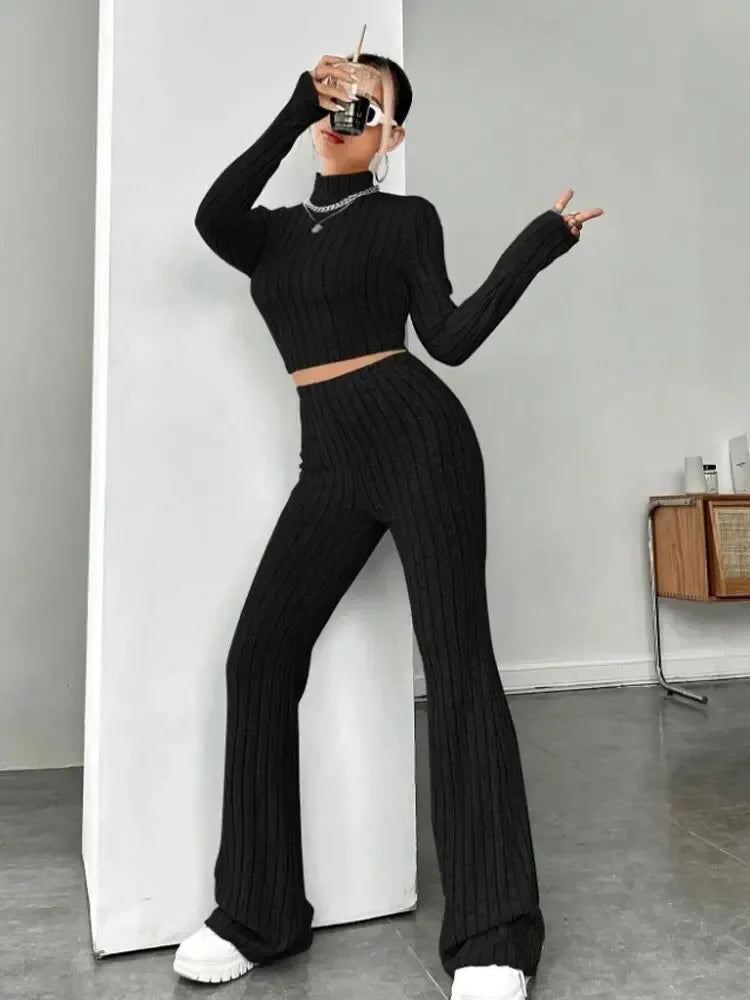 Women Fashion Solid Color Streetwear Autumn Winter Elegant Round Neck Tops Loose Pants Suit Casual Holiday Sport Two Piece Sets - Multi Shop24
