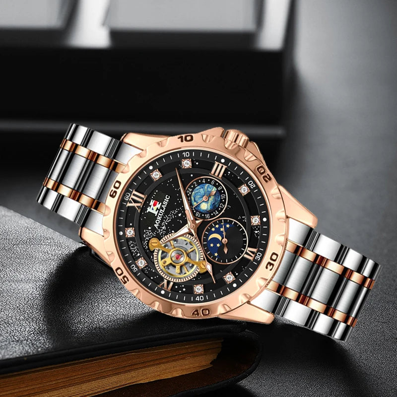 Tourbillon Skeleton Mechanical Watches Starry Sky Moon Phase Diamond Multi Shop24