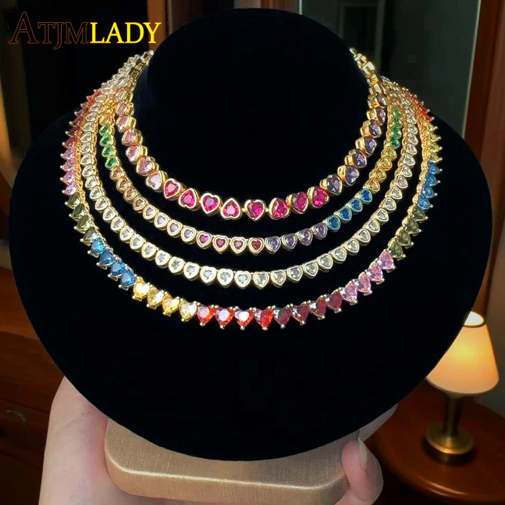 Round Heart Shaped CZ Tennis Chain Rainbow Colorful Necklace Top Quality Gold Color Hip Hop Fashion Women Choker Jewelry MultiShop24