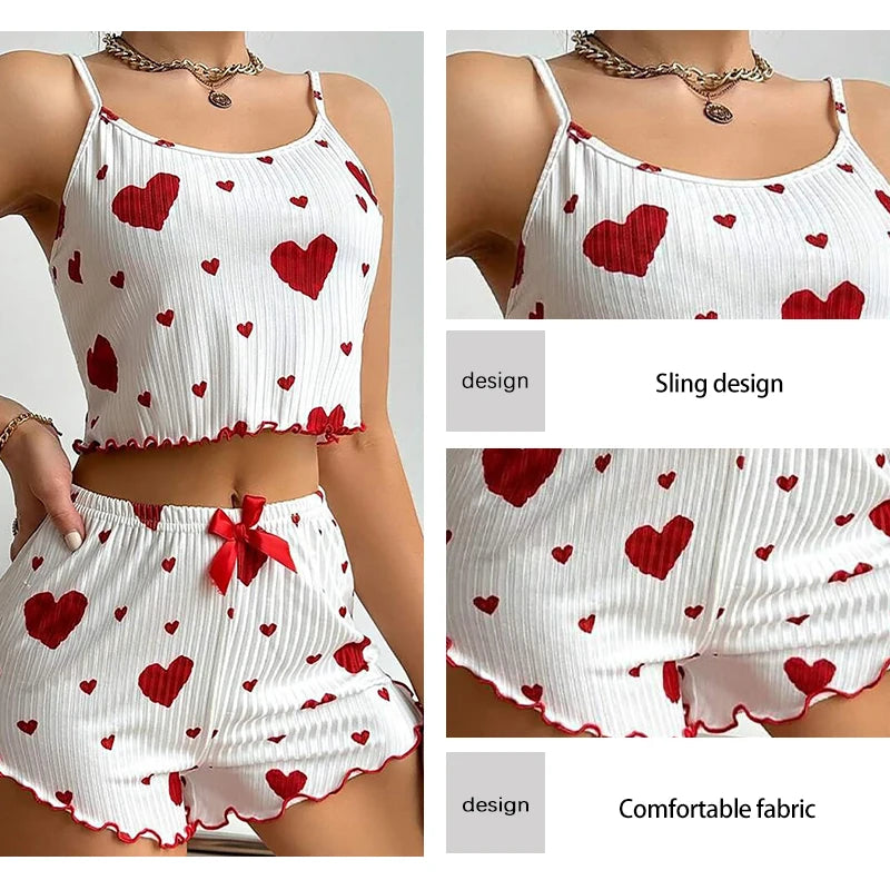 Women's Pajamas Set Sleepwear 2 PCS Short Tank Tops And Shorts S M L White Ventilate Soft Casual Love Printing MultiShop24